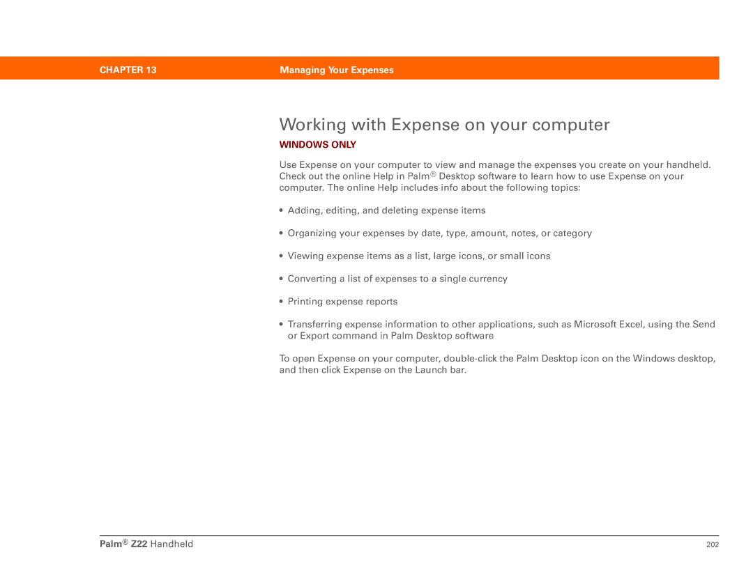 Palm Z22 manual Working with Expense on your computer 