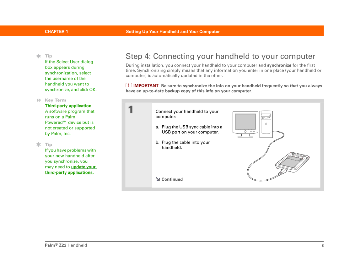 Palm Z22 manual Connecting your handheld to your computer, Third-party application 