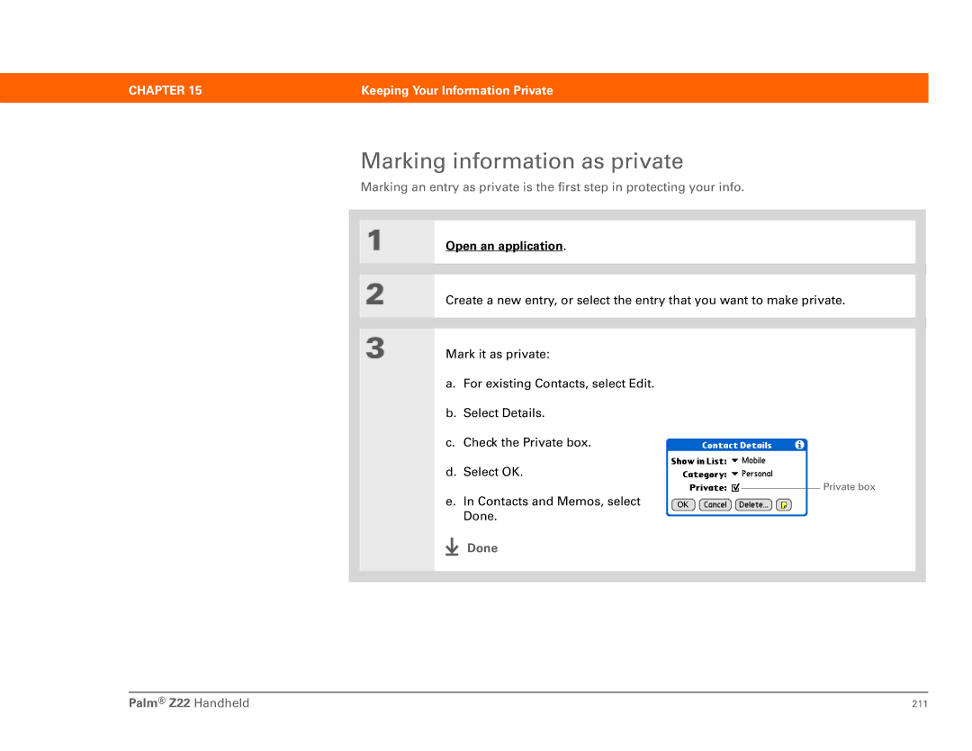 Palm manual Marking information as private, Done Palm Z22 Handheld 