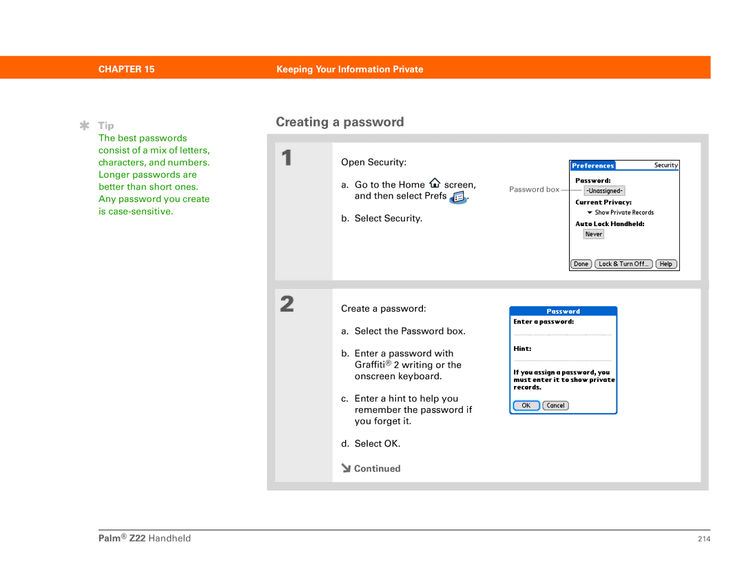 Palm Z22 manual Creating a password 