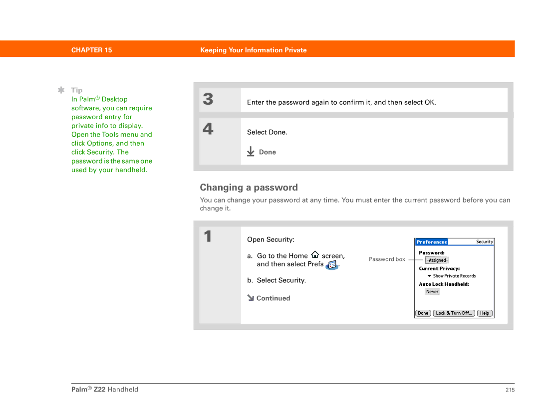Palm Z22 manual Changing a password 
