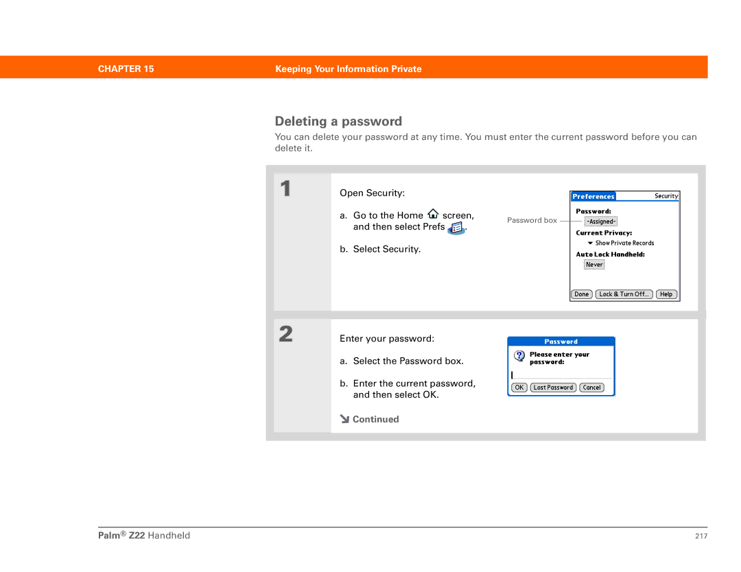 Palm Z22 manual Deleting a password 