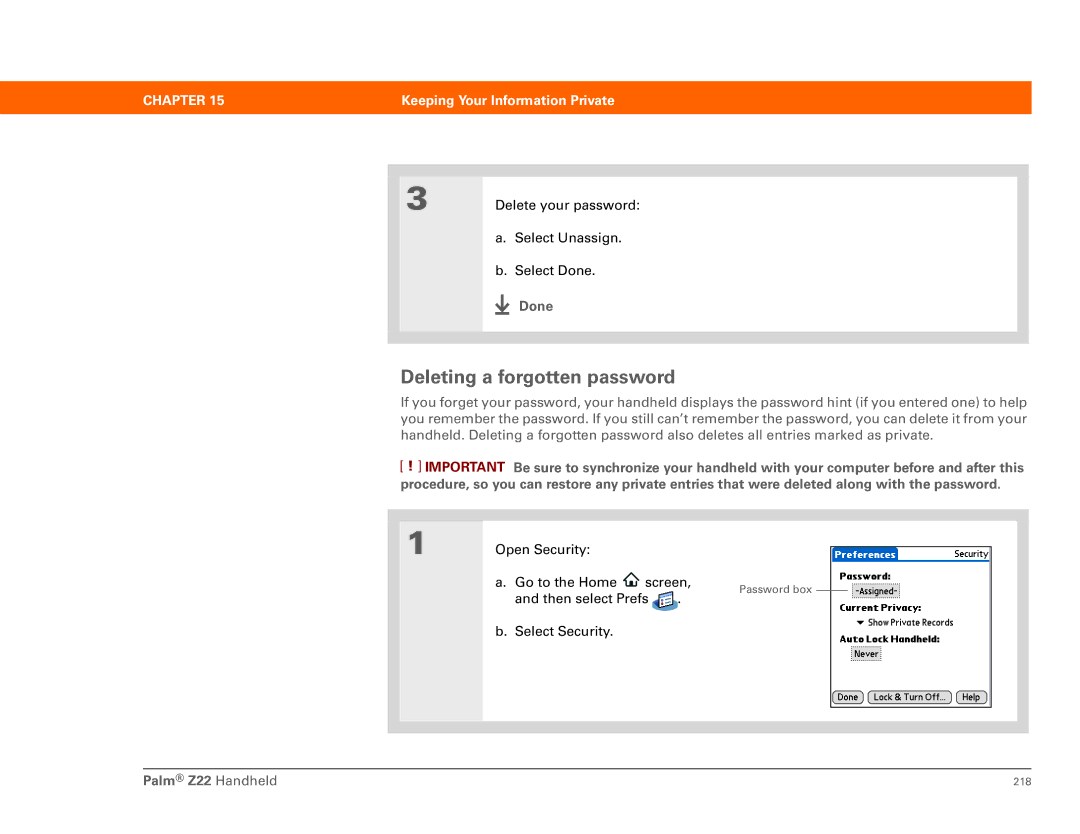 Palm Z22 manual Deleting a forgotten password, Done 