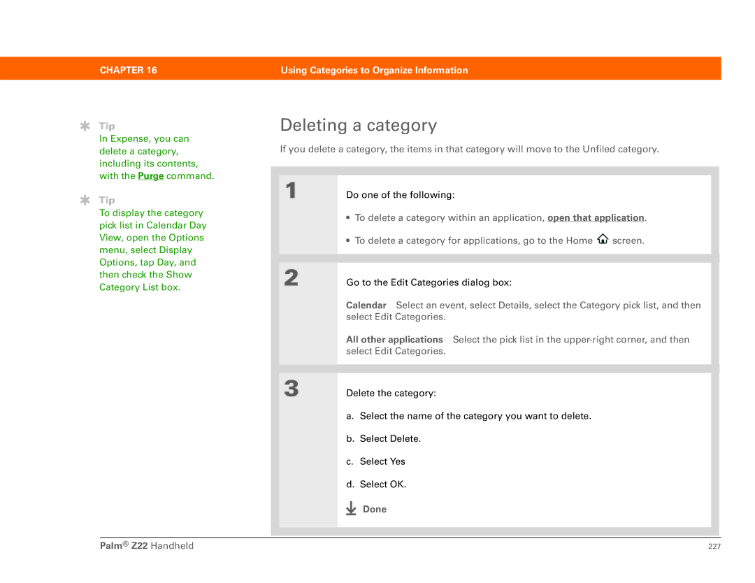 Palm Z22 manual Deleting a category 