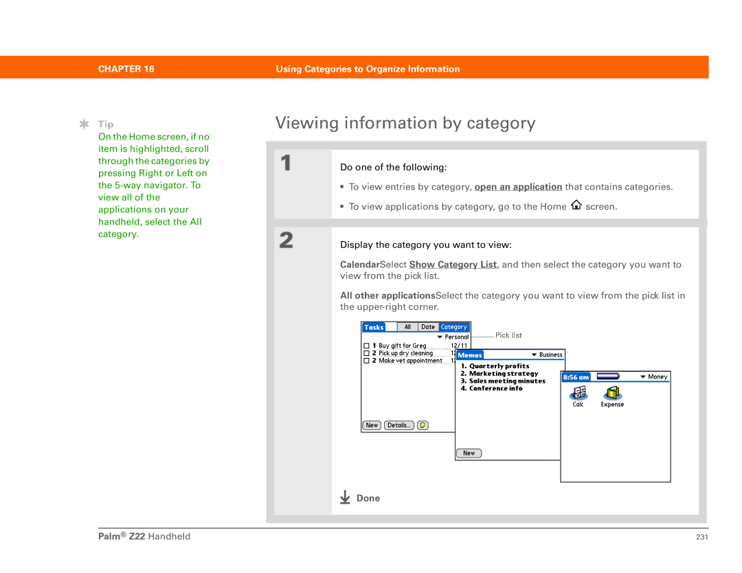 Palm Z22 manual Viewing information by category 