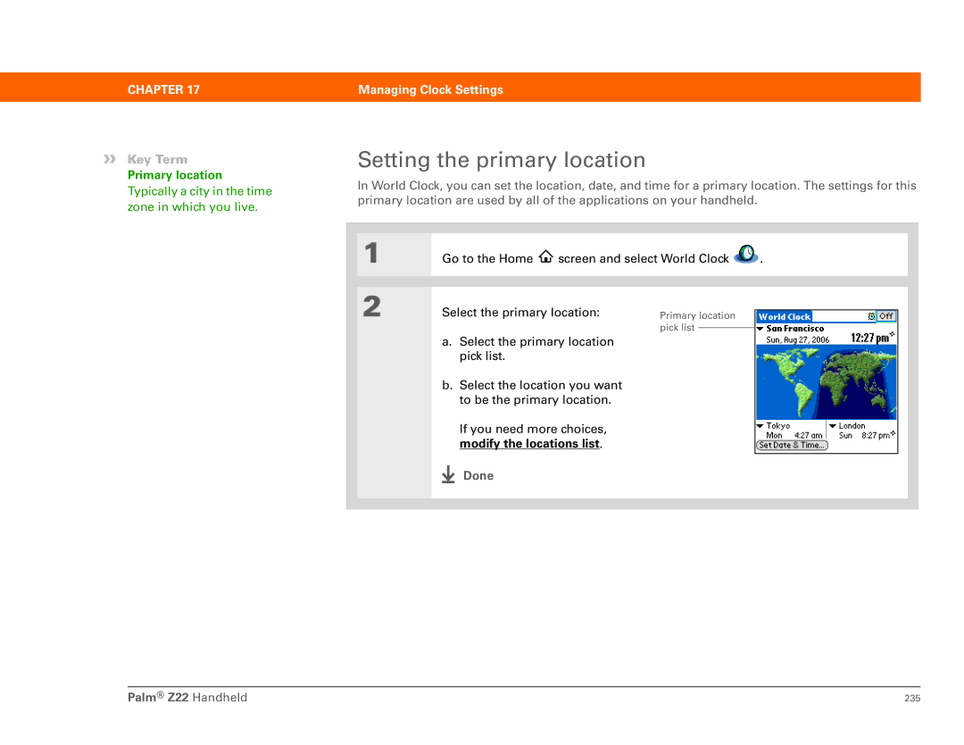 Palm manual Setting the primary location, Done Palm Z22 Handheld 