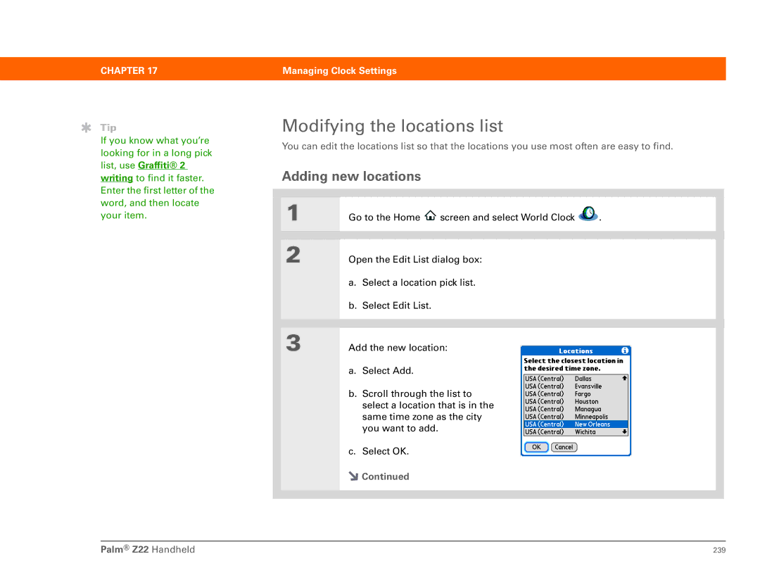 Palm Z22 manual Modifying the locations list, Adding new locations 