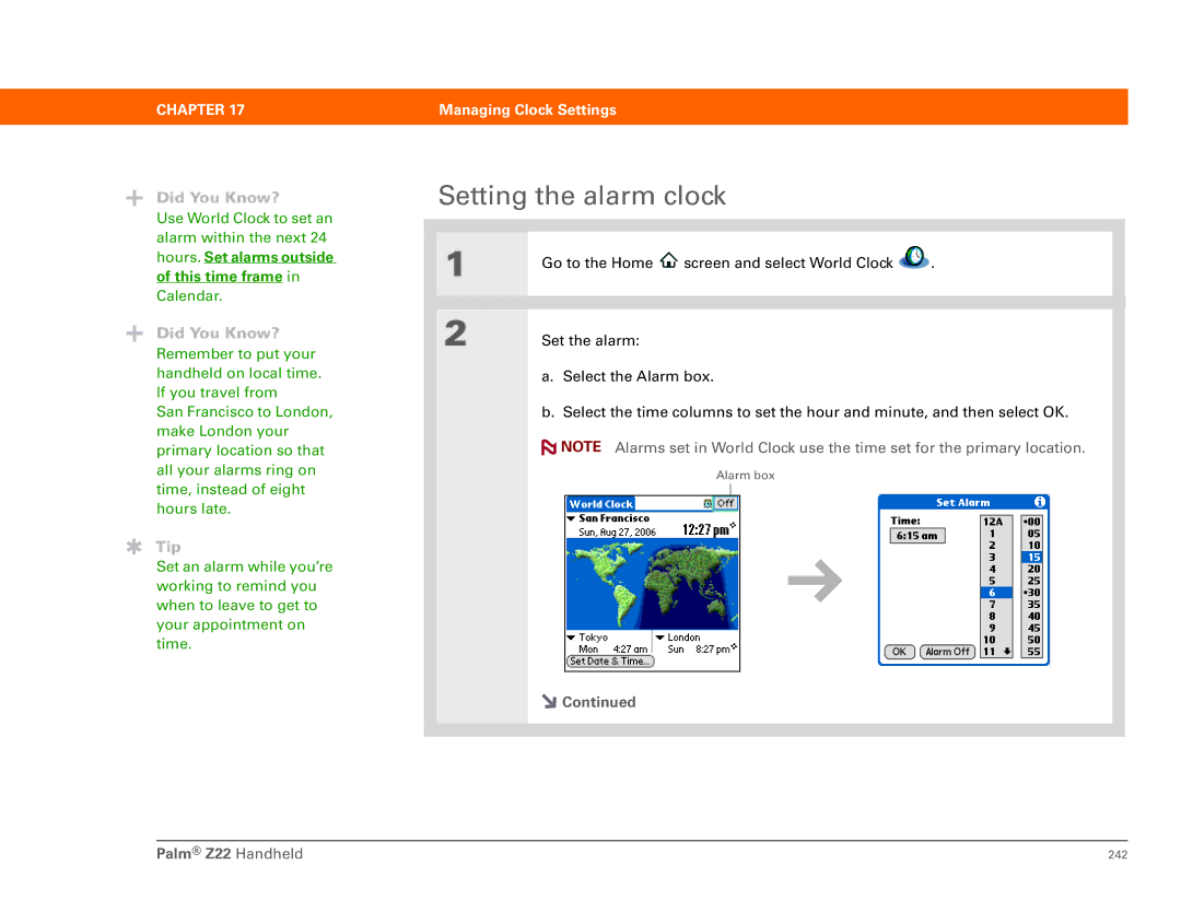 Palm Z22 manual Setting the alarm clock 