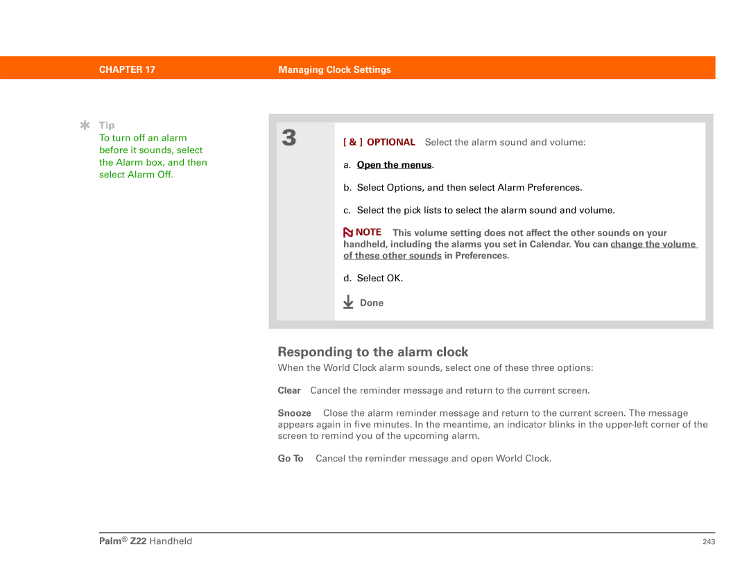 Palm Z22 manual Responding to the alarm clock 