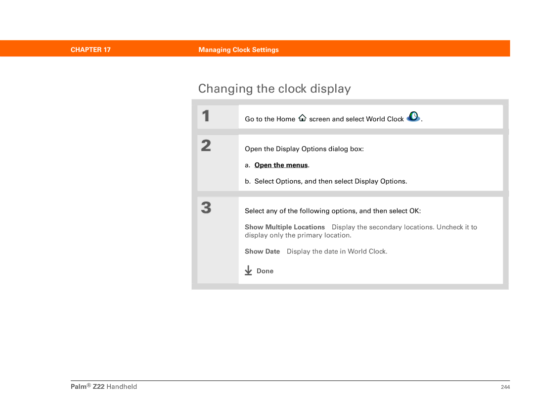 Palm manual Changing the clock display, Done Palm Z22 Handheld 