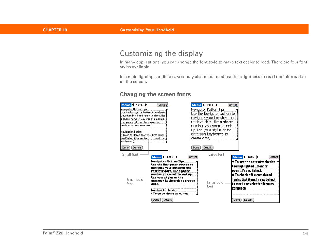 Palm Z22 manual Customizing the display, Changing the screen fonts 