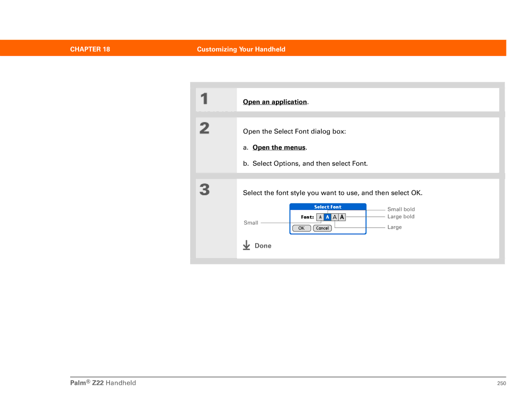 Palm Z22 manual Open the Select Font dialog box 