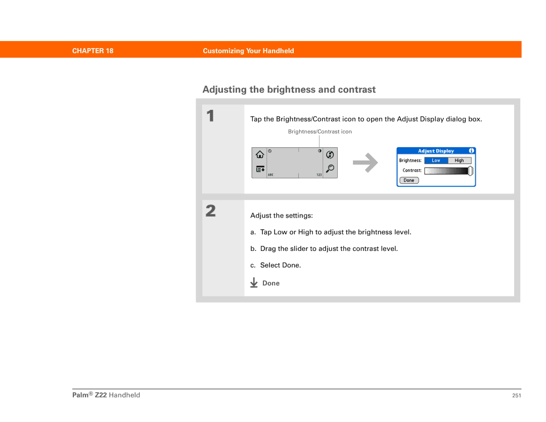 Palm Z22 manual Adjusting the brightness and contrast 