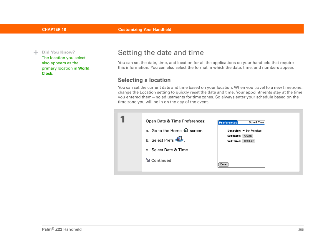 Palm Z22 manual Setting the date and time, Selecting a location 