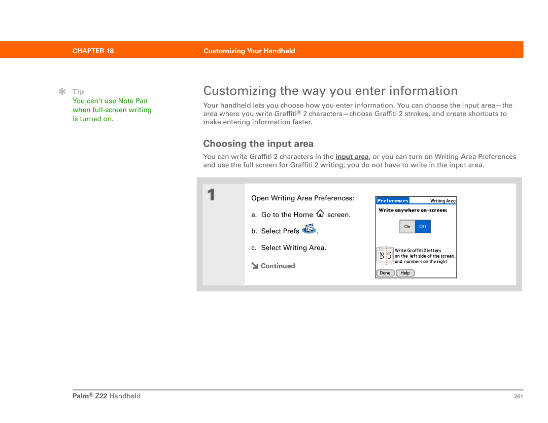 Palm Z22 manual Customizing the way you enter information, Choosing the input area 