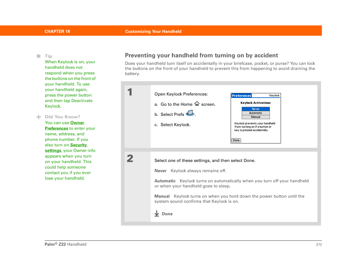 Palm Z22 manual Preventing your handheld from turning on by accident 