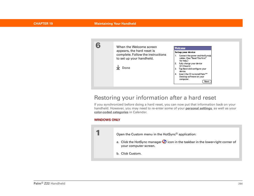 Palm Z22 manual Restoring your information after a hard reset, Done 