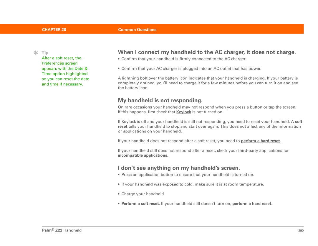 Palm Z22 manual My handheld is not responding, Don’t see anything on my handheld’s screen 