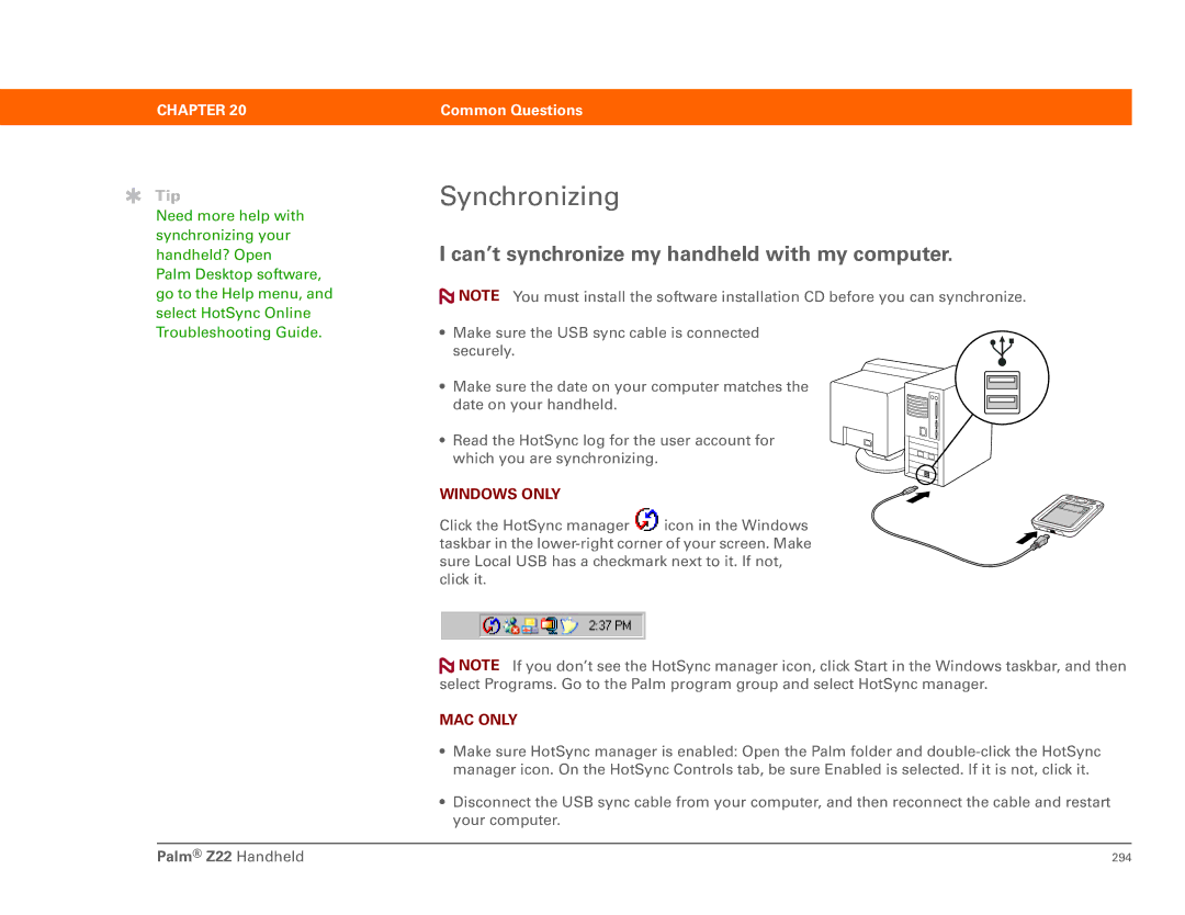 Palm Z22 manual Synchronizing, Can’t synchronize my handheld with my computer 