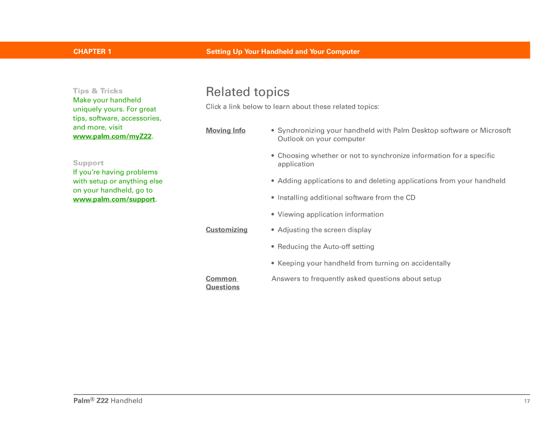 Palm manual Related topics, Moving Info, Customizing, Common, Questions Palm Z22 Handheld 