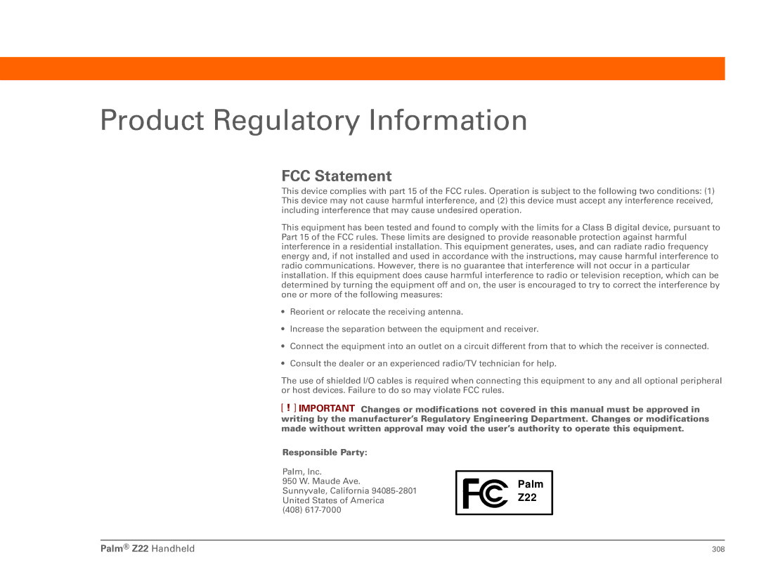 Palm Z22 manual Product Regulatory Information, FCC Statement 