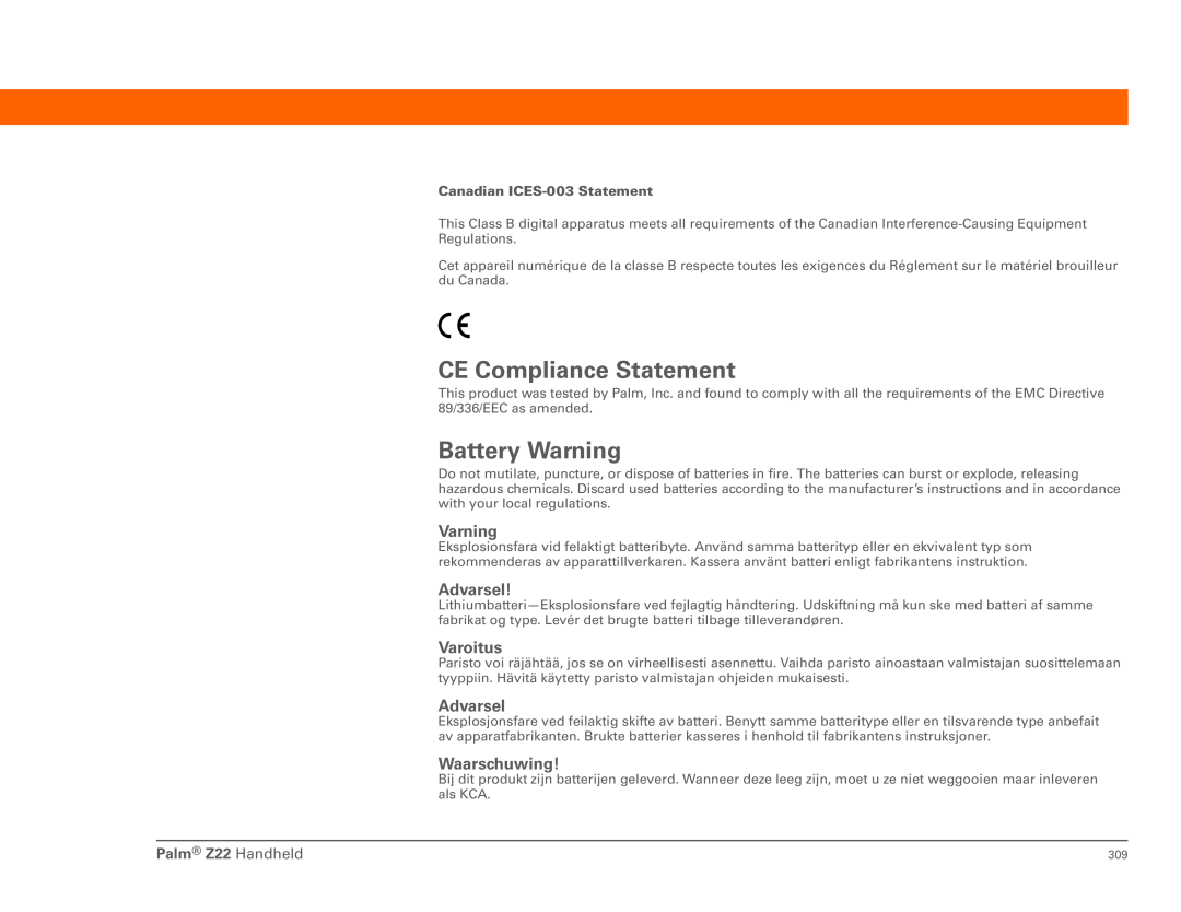 Palm Z22 manual CE Compliance Statement 