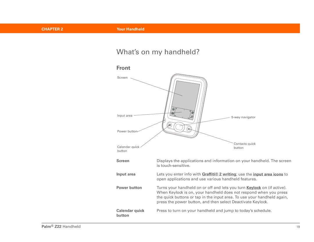 Palm Z22 manual What’s on my handheld?, Front 