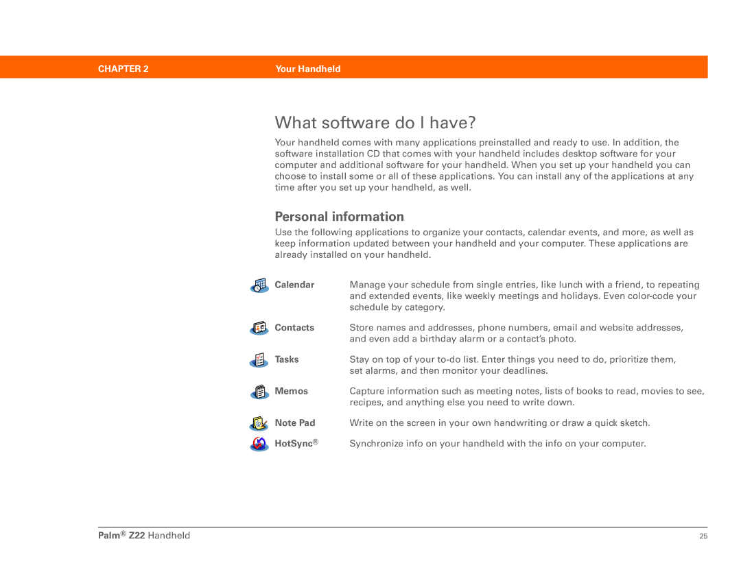 Palm Z22 manual What software do I have?, Personal information 