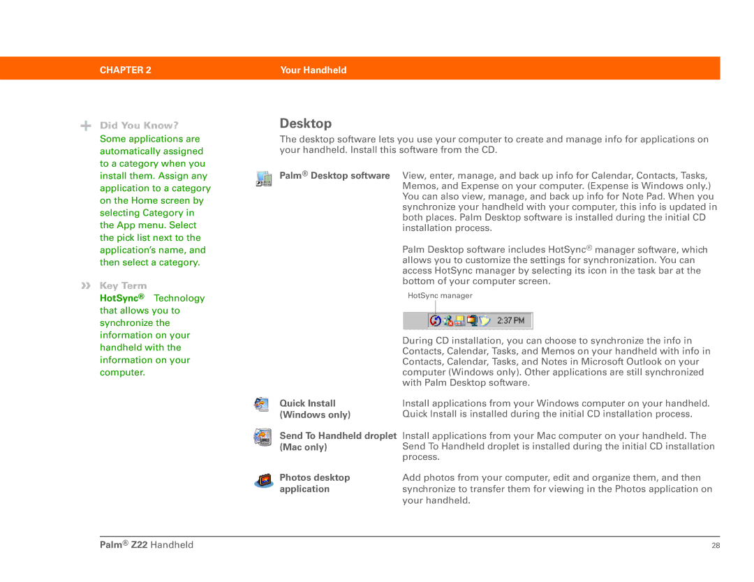 Palm Z22 manual Desktop, Quick Install, Windows only, Photos desktop, Application 