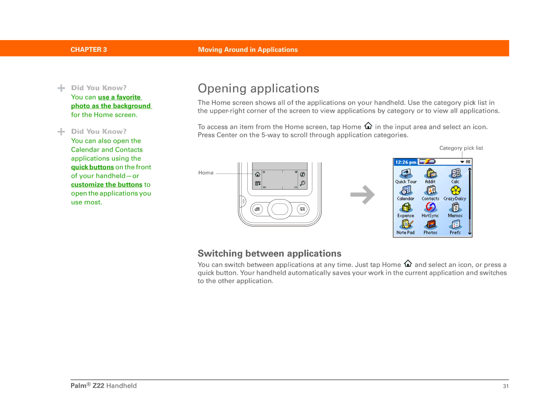 Palm Z22 manual Opening applications, Switching between applications 