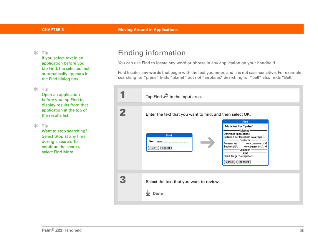 Palm Z22 manual Finding information, Done 