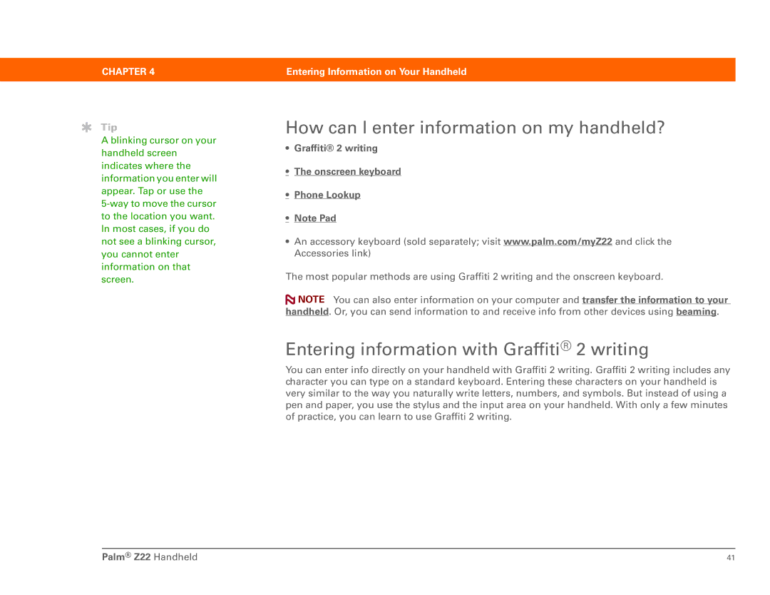 Palm Z22 manual How can I enter information on my handheld?, Entering information with Graffiti 2 writing 