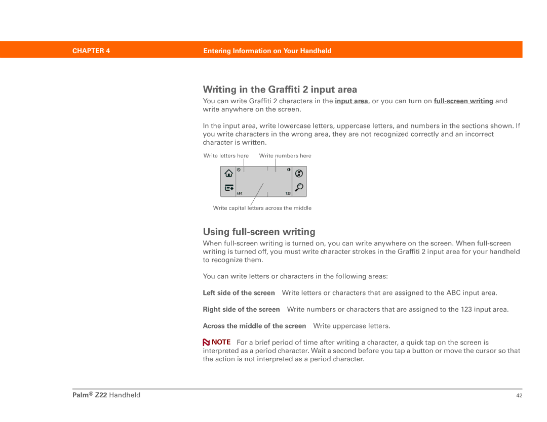 Palm Z22 manual Writing in the Graffiti 2 input area, Using full-screen writing 