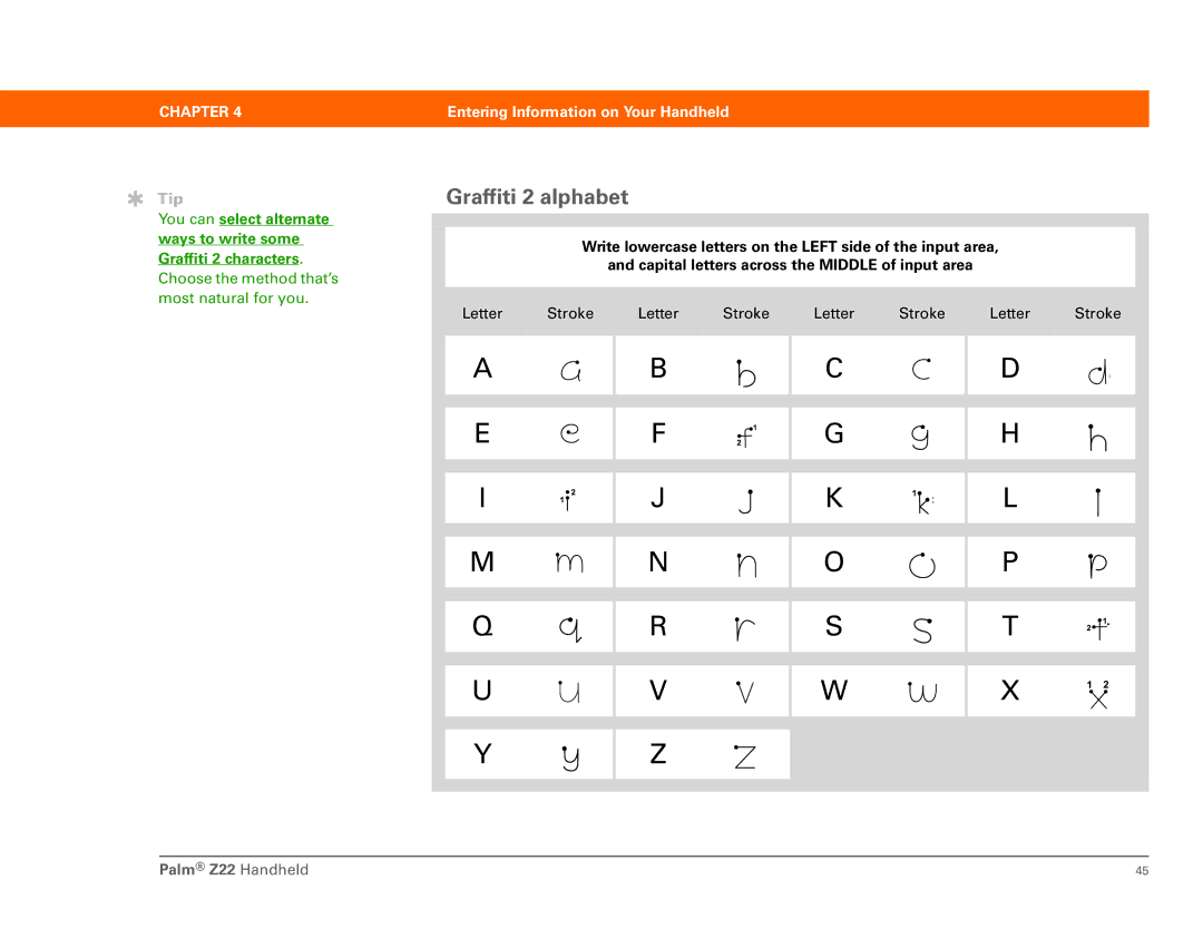 Palm Z22 manual Graffiti 2 alphabet 