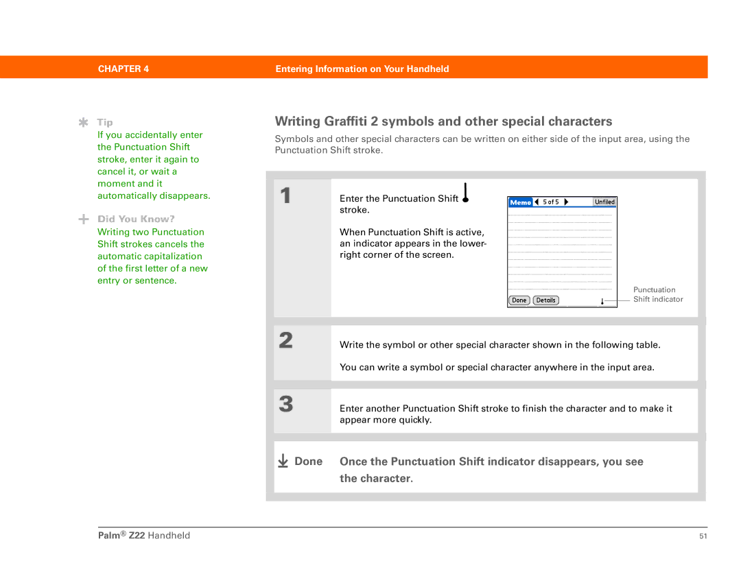 Palm Z22 manual Writing Graffiti 2 symbols and other special characters 
