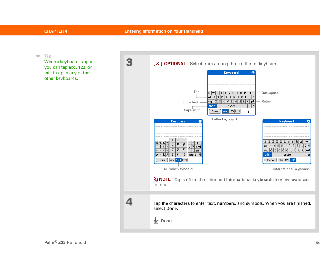Palm manual Optional Select from among three different keyboards, Done Palm Z22 Handheld 