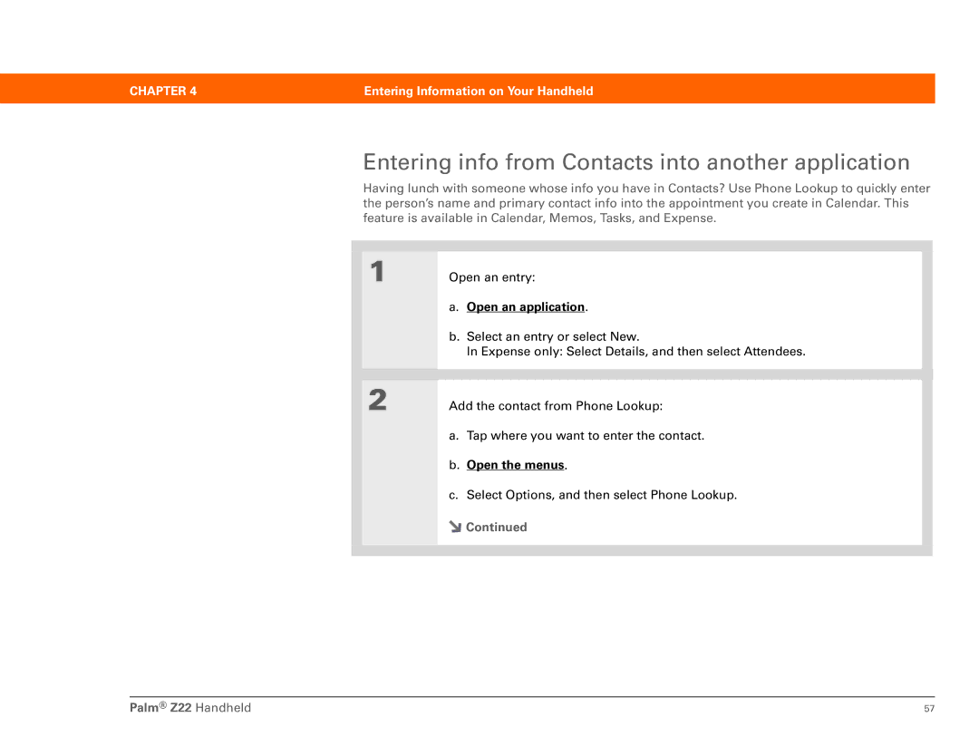 Palm Z22 manual Entering info from Contacts into another application 