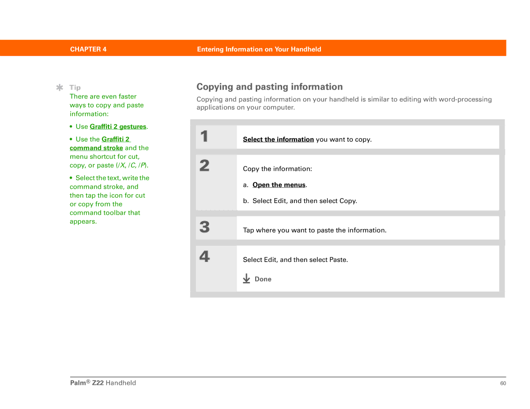 Palm manual Copying and pasting information, Done Palm Z22 Handheld 