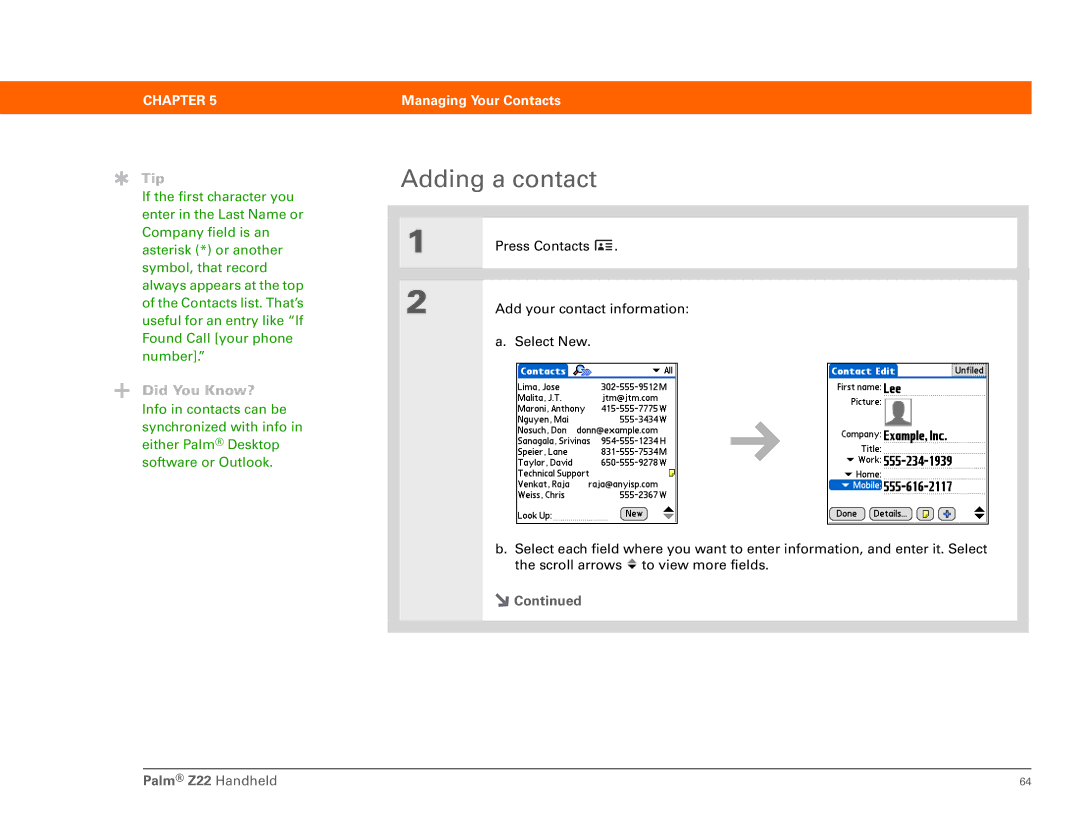 Palm Z22 manual Adding a contact 