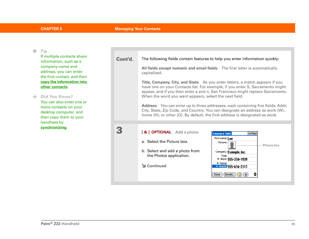 Palm Z22 manual Optional Add a photo 
