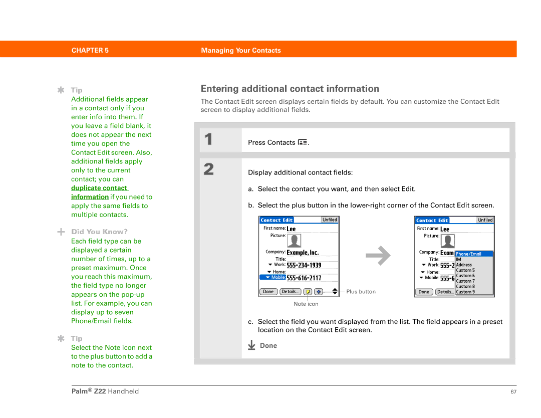 Palm manual Entering additional contact information, Done Palm Z22 Handheld 
