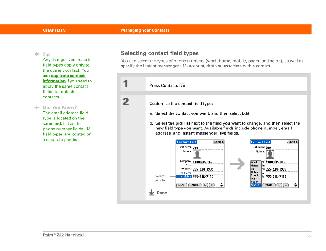 Palm Z22 manual Selecting contact field types 