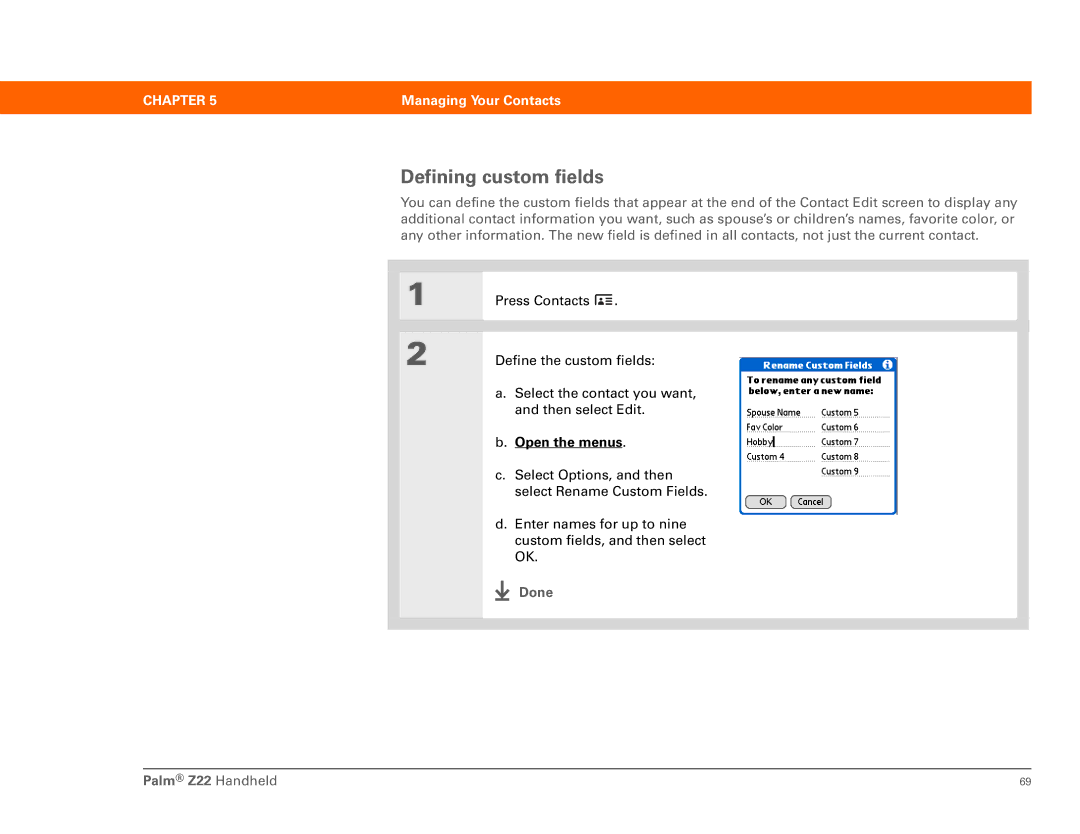 Palm Z22 manual Defining custom fields 