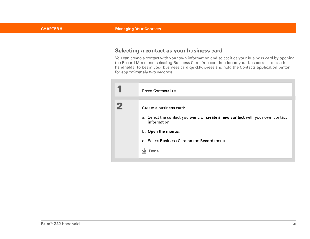 Palm Z22 manual Selecting a contact as your business card 