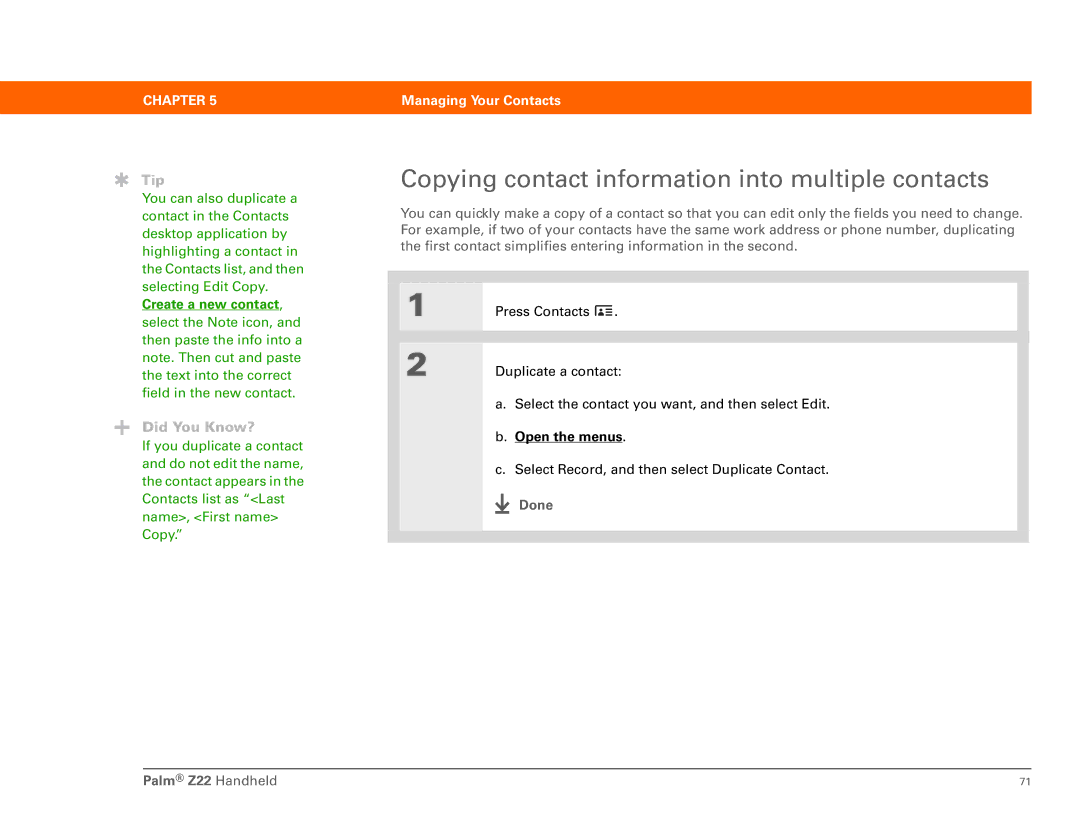 Palm Z22 manual Copying contact information into multiple contacts 
