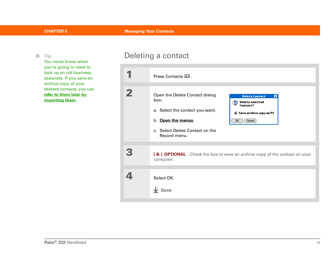 Palm Z22 manual Deleting a contact 