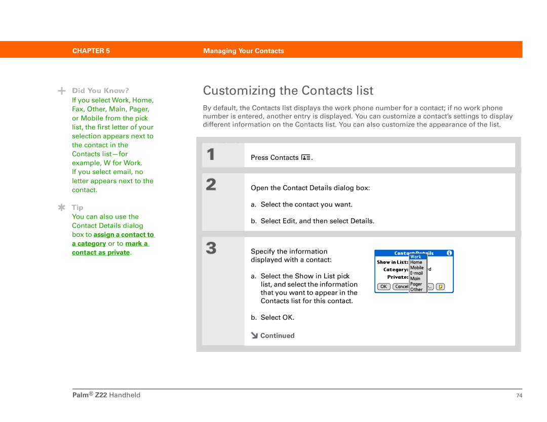 Palm Z22 manual Customizing the Contacts list 