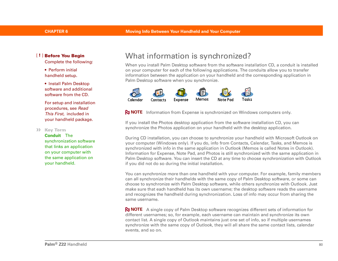 Palm Z22 manual What information is synchronized?, Conduit 