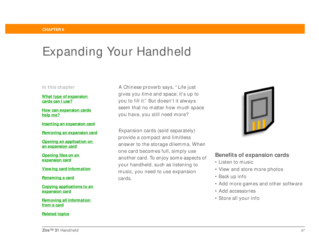 Palm Zire 31 manual Expanding Your Handheld, Benefits of expansion cards 