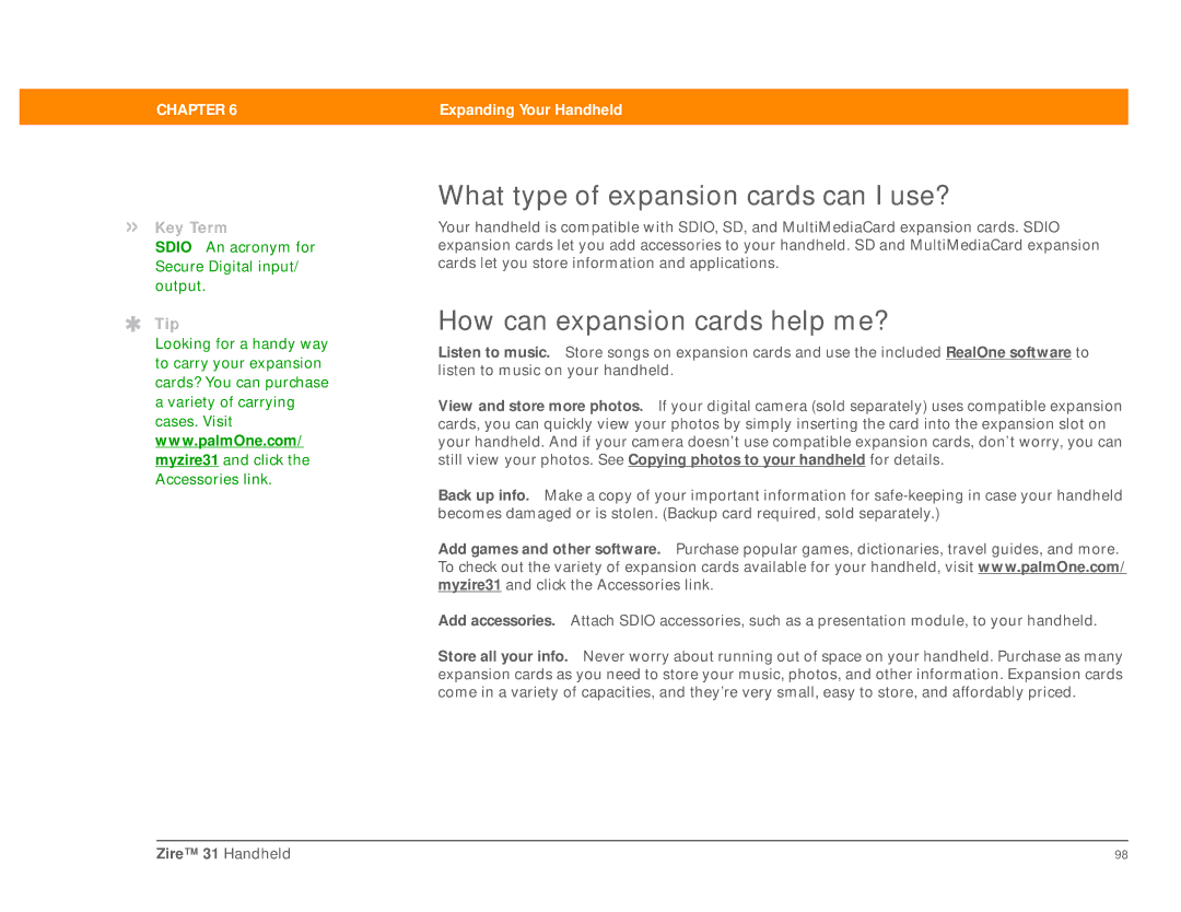 Palm Zire 31 manual What type of expansion cards can I use?, How can expansion cards help me? 